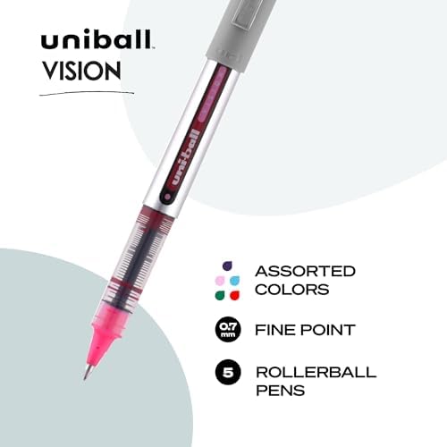 Uni-Ball 60381PP Vision Rollerball Pens, Fine Point (0.7mm), Fashion Colors, 5 Count