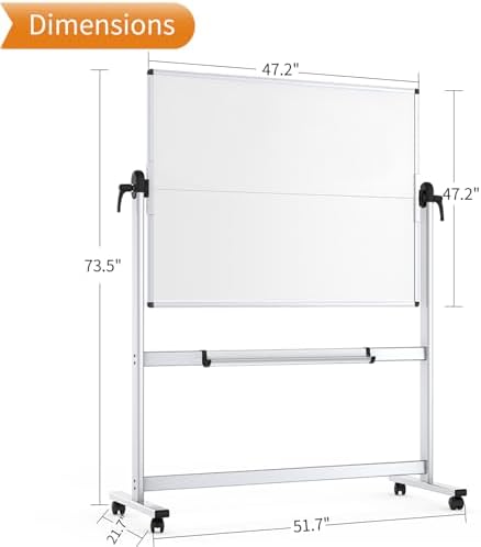 VIZ-PRO Rolling Whiteboard, 48" x 48" Mobile White Board with Stand