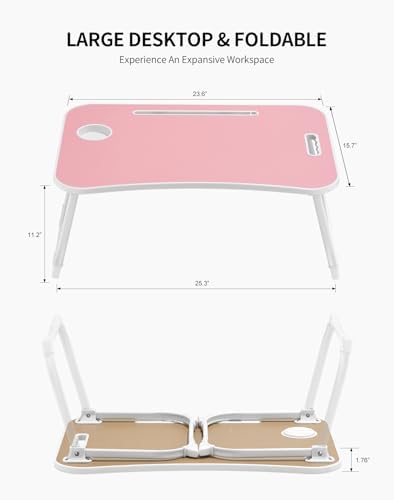 ZEAPTAC Laptop Bed Desk, Foldable Lap Desk, Portable Lap Table, Laptop Stand with Cup Holder, Tablet Slot & Lifting Handle for Work, Write, Draw & Eat on Bed, Sofa or Couch - Pink
