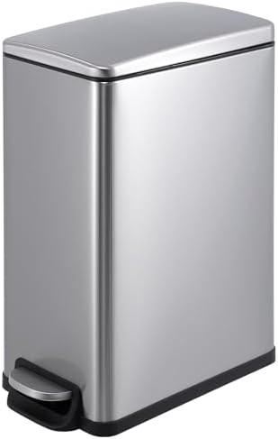 PrecisionAuto 12 Gallon Slim Trash Can with Lid, 45L Stainless Steel Step Garbage Can with Soft-Close Lid & Inner Bucket, Narrow Kitchen Garbage Bin, Metal Wastebasket for Home/Office, Silver