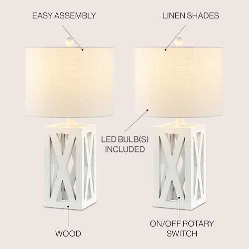 JONATHAN Y Stewart Rustic Wood Bedside Table Lamp 21.5", White, Set of 2