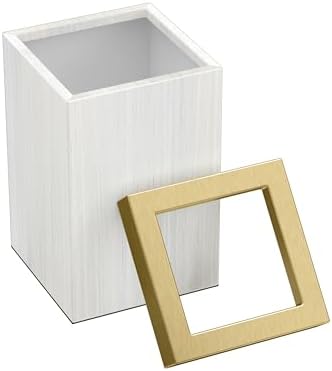 Gatco Small Bathroom Trash Can with Lid, Square 3 Gallon Wastebasket, Under Sink, White Oak with Brushed Brass, for Bathroom, Bedroom, Office (1936B)