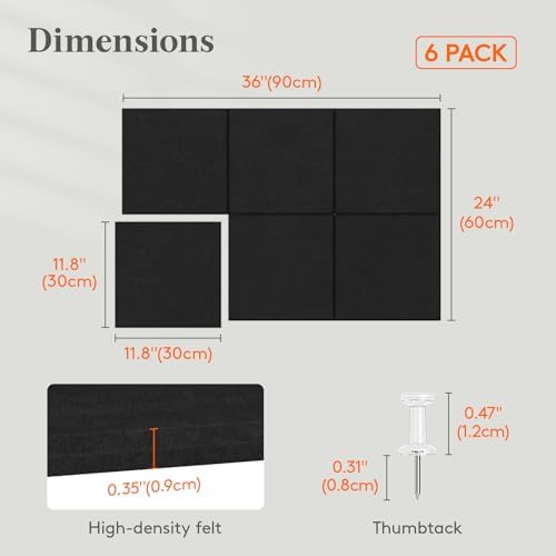 Lifewit 36"x 24" Felt Bulletin Board with Self-Adhesive, 6 Pack Cork Board Alternative for Walls, Large Pin Board Vision Board Message Board with 30 Pushpins for Office Decor, Room Decor, Black