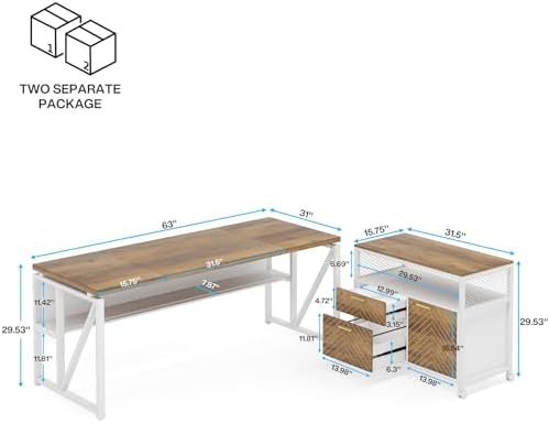 Tribesigns L Shaped Desk with Drawer,63" Executive Computer Desk and lateral File Cabinet, 2 Piece Home Office Furniture for Hanging File, Cabinet with Doors