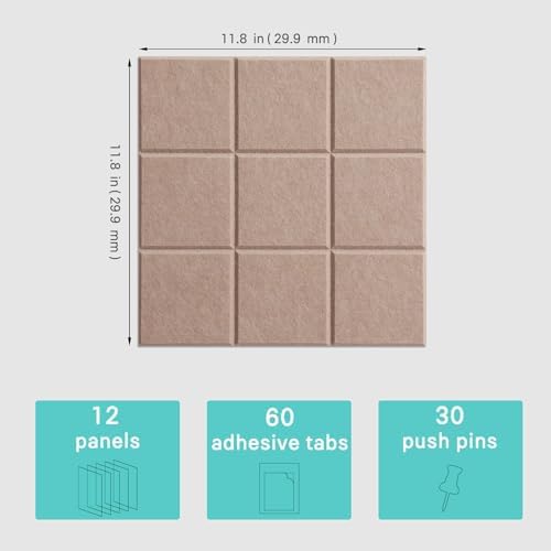 Cork Board for Walls 48" x 36", Bulletin Board for Office Decor, 12 Pack Felt Wall Tiles with Safe Removable Adhesive, Pin Tack Corkboard for Quilting Design & Dart Wall Protector - Camel