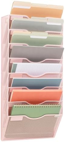 Mind Reader Wall File Organizer, 8 Pocket Hanging Document Rack, Office Wall Mount, Metal Mesh, Pink