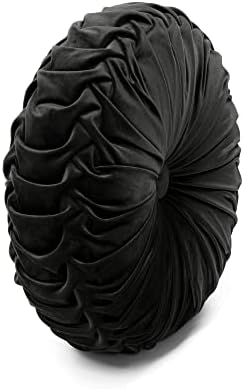 Lush Decor Round Pleated Soft Velvet Decorative Throw Pillow, 1 Count, 15" Diameter, Black - Plush Round Pillow, Seat Cushion, Decorative Pillows for Bed, Couch, Or Chair (Pack of 2)