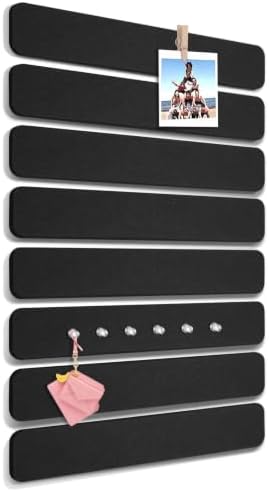 Thboxes 8 Pack Felt Bulletin Board Strips, 13x2 Inch Self Adhesive Felt Pin Boards with 50 Pushpins and 10 Wooden Clips Push Pins, Cork Board for Walls Home Office Decor(Black)