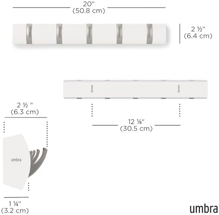 Umbra Flip Coat Rack, Wall Mounted 5-Hook Space Saving, White/Nickel