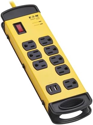 Eaton Tripp Lite series TLM825USB Heavy Duty Power Strip with Surge Protection & 2 USB Ports, 8 Outlets, 25ft Cord, 1960 Joules, Yellow Metal, Under Desk & Wall Mountable, Cord Wrap, Industrial Garage