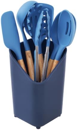 Glad Silicone Kitchen Utensils Set, 8pcs - Nonstick Cooking Tools with Wooden Handles and Utensil Holder - Spatula Set with Turner, Ladle, Spoons, Tongs, and Spaghetti Server - Blue