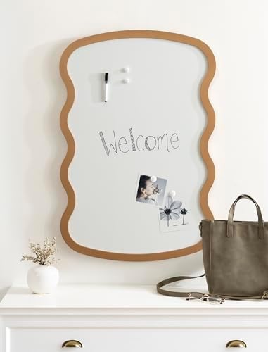 Kate and Laurel Holbrook Wavy Magnetic Dry Erase Board with Marker and Four Magnets; 24 x 36; Gold; Decorative Wall Organization White Board for Use as Bedroom or Dorm Room Decor
