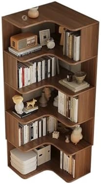 Vertical Wall Corner Shelf with Open Back 6-Shelf Wood Corner Bookshelf Floor Book Rack Multi-Layer Storage Shelf Against the Wall Bookcase Dark Walnut 24" L x 24" W x 63" H
