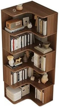 Vertical Wall Corner Shelf with Open Back 6-Shelf Wood Corner Bookshelf Floor Book Rack Multi-Layer Storage Shelf Against the Wall Bookcase Dark Walnut 24" L x 24" W x 63" H