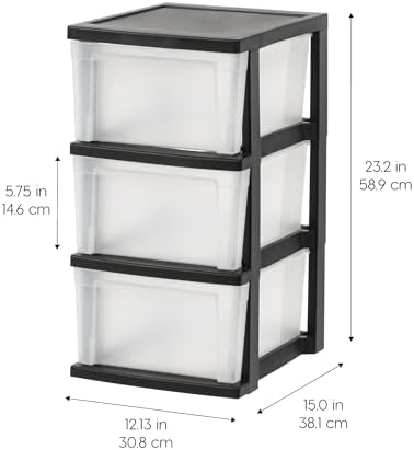 IRIS USA 3-Drawer Slim Narrow Storage Organizer, 2-Pack, Black/Clear