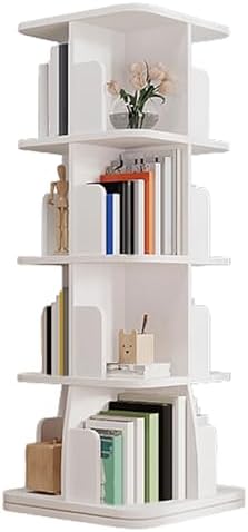 GAMAK Rotating Bookshelf Tower for Kids 360 Display 2-4 Tier Floor Standing Bookcase Revolving Bookcase Tower Small Corner Bookshelf for Small Space (Color : White, Size : Square_Four)