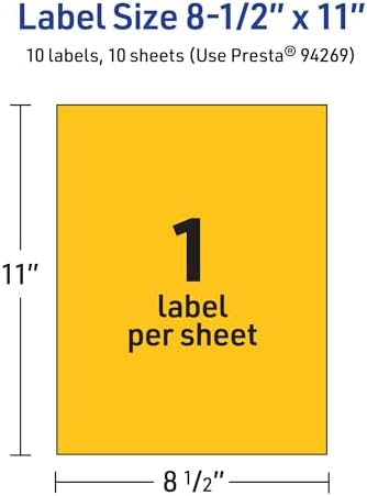 Avery Printable Sticker Paper, 8-1/2" x 11", Full-Sheet Labels, Bright Yellow Labels, Laser/Inkjet Printable, 10 Total, Great for Packaging and Stickers