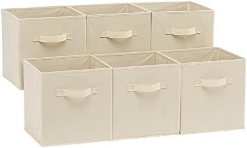 Amazon Basics Collapsible Fabric Storage Cubes Organizer with Handles, Sturdy Storage Bins for Organization, 10.5" x 10.5" x 11", Beige, 6-Pack