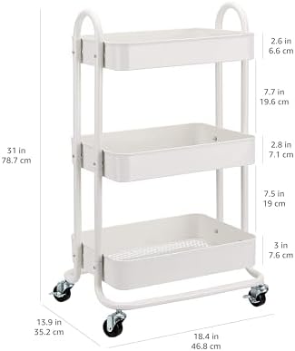 Amazon Basics 3-Tier Rolling Utility Cart, Storage Organizer, Lockable Wheels, Multifunctional Storage, Portable Mobile Shelving Unit, White