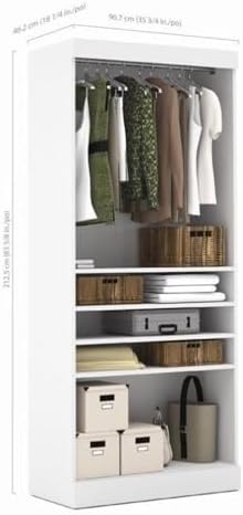 Atlin Designs 36" Corner Storage Unit, White Finish, 5 Shelves, 2 Clothing Rods, Adjustable Shelving, Multi-Functional Closet Organizer for Bedroom or Home Office Use