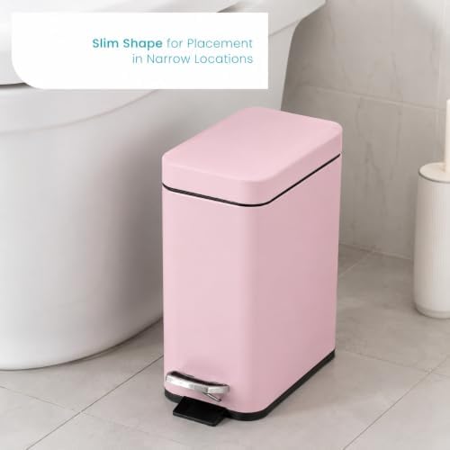 Home Zone Living 1.3 Gallon Small Bathroom Trash Can with Lid and Step Pedal, Stainless Steel Wastebasket with Slim Design for Home and Office, Matte Pink, 5 Liters