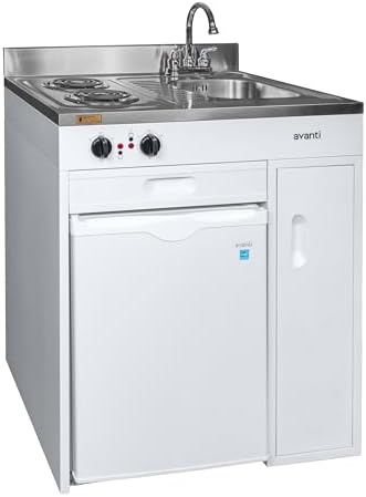 Avanti Full Compact Kitchen, Built in Kitchenette with Stainless Steel Countertop with Sink and Chrome Faucet, Two Element Cooking Range, 2.2 Cu.Ft. Refrigerator & Storage Space, 30-Inch, White