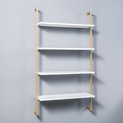 Contemporary Wall Unit Bookcase Metal Frame Pine Wood Shelf Bookshelf Wall-Mounted Bookshelf Wrought Iron Bag Rack Multi-Layer Clothing Store Decoration White Gold 23.6" L x 9.8" W x 55.1" H