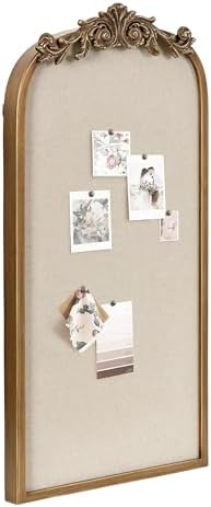 Kate and Laurel Arendahl Arch Pinboard; Gold; 13 x 25; Framed Arched Ornate Vintage Cork Board for Unique Display; Organization; and Decor Options