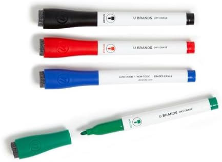 U Brands Fine Tip Dry Erase Markers with Eraser, Low Odor Whiteboard Markers Fine Tip, Assorted Colors, Set of 4