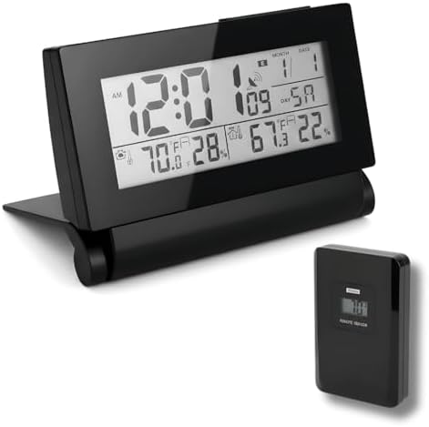 Digital Clock with Atomic RCC Time and Alarm | Indoor Temperature and Humidity Display | Wireless Sensor, Battery Operated with Blue Backlight for Bedroom or Desk