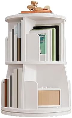 GAMAK Rotating Bookshelf Tower for Kids 360 Display 2-4 Tier Floor Standing Bookcase Revolving Bookcase Tower Small Corner Bookshelf for Small Space (Color : White, Size : Round_Two)