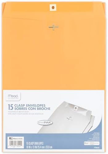 Mead Envelopes, 10" x 13", Clasp Closure, Brown Kraft All-Purpose 24-lb Paper Mailing Envelopes, 15 Count (76022)
