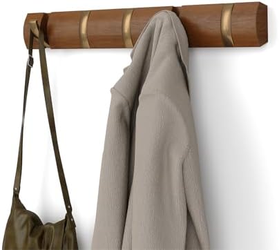 Umbra Flip Coat Rack, Wall Mounted 5-Hook Space Saving, Walnut/Gold