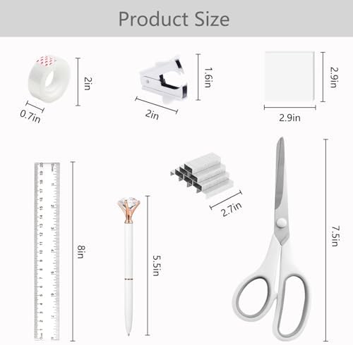 Office Supplies,School Supplies,White Desk Accessories,Desk Organizer,Scissors,Stapler,Tape Dispenser,Binder Clips,Staples,Staple Remover,Sticky Notes,Clear Tape,Pen,Ruler,Best Gift,11pcs