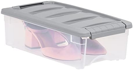Amazon Basics Plastic Storage Containers with Secure Latching Lids, Stackable Organization Bins, Clear/Grey, 5 Quart, Set of 10