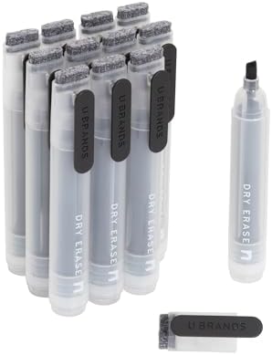 U Brands Dry Erase Markers Chisel Tip Set, 12 Pack, Black, Whiteboard Pens with Chisel Point and Built In Eraser Caps, Low Odor Ink, Dry Erase Markers For Classroom, Office, Or Home