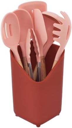 Glad Silicone Kitchen Utensils Set, 8pcs - Nonstick Cooking Tools with Wooden Handles and Utensil Holder - Spatula Set with Turner, Ladle, Spoons, Tongs, and Spaghetti Server - Rust