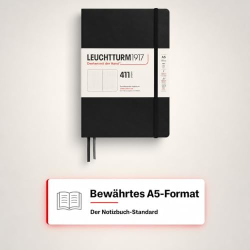 LEUCHTTURM1917 372931 Notebook 411 Medium (A5), Hardcover, 411 Numbered Pages, Black, Dotted, More Thoughts, More Ideas, More Memories, More Pages