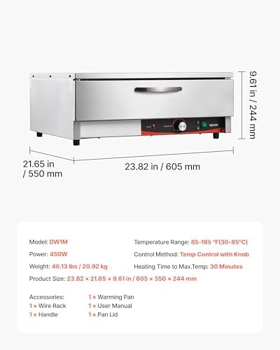 VEVOR Commercial Electric Drawer Warmer, Single-Drawer Stainless Steel Food Warmer, Freestanding Compact Warming Drawer Cabinet, 85°F–185°F Wide Temperature Range, for Restaurant, Hotel & Bakery