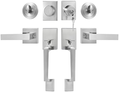VEVOR Double Door Handle Set, Double Door Lock Set with Reversible Handle Lever, Satin Nickel Square Door Lever, Heavy Duty Double Front Door Handle Set with Dummy, for Front Door or Office Door