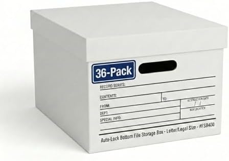 BOX USA File Boxes with Lids and Handles (36-Pack) - File Storage Boxes for Office Supplies, Book Storage, Moving, and Packaging, Fits Letter and Legal Paper, Removable Lid