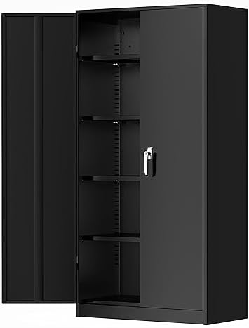 Greenvelly Metal Storage Cabinets 72” Black Garage Steel Storage Cabinet with Doors and Shelves, Metal Tool Cabinet, Steel File Cabinet for Home Office, Basement, Warehouse, Classroom（Anti Tipping）