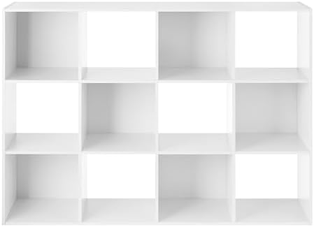 Whitmor 12 Cube Storage Organizer, 4 Tier Stackable Mdf Wood Bookcase, Open Storage Display Bookshelf, Storage Cabinet for Living Room, Bedroom, Home, Office, 35.1"L x 11.6"W x 47.5"H, White