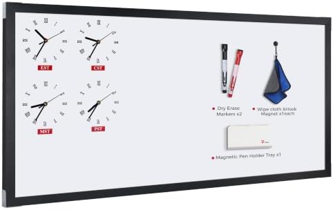 4x2 Ft Magnetic Whiteboard with 4 U.S. Time Zone Clocks, Black Wood Frame