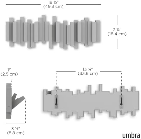 Umbra Sticks Wall Mount Coat Rack, 5 Hook Retractable Pegs, Grey