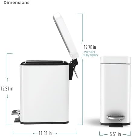 Home Zone Living 3-Pack 1.3 Gallon Small White Bathroom Trash Can with Lid and Step Pedal, Stainless Steel Wastebasket with Slim Design for Home and Office, 5 Liters