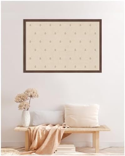 Kate and Laurel Framed Fabric Pinboard 38 x 26, Beige Botanical Block Print Printed Linen Classic Bulletin Board for Use as a Vision Board or Wall Organization, Florence Medium Brown Frame