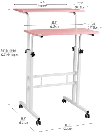 Mind Reader Standing Desk, Adjustable Height Laptop Workstation, Portable Rolling Desk on Wheels, Two-Tier Metal Frame, Pink