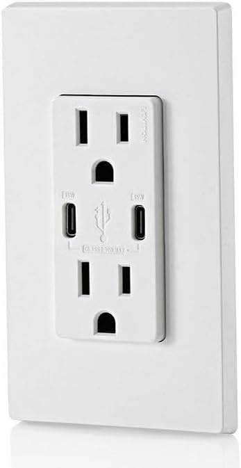 Leviton 30W (6A) USB Dual Type-C/C in-Wall Charger with 15A Tamper-Resistant Outlet, USB Charger for Smartphones and Tablets, Not for Laptops, T5637-W, White