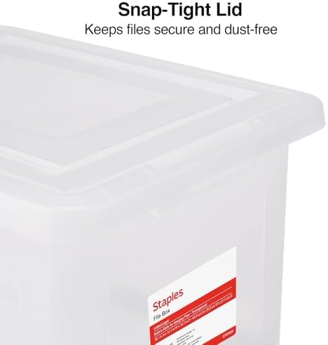 STAPLES Plastic File Box with Snap Lid, Letter/Legal Size, Clear, 2/Pack | Stackable storage box keeps hanging files organized and protected.